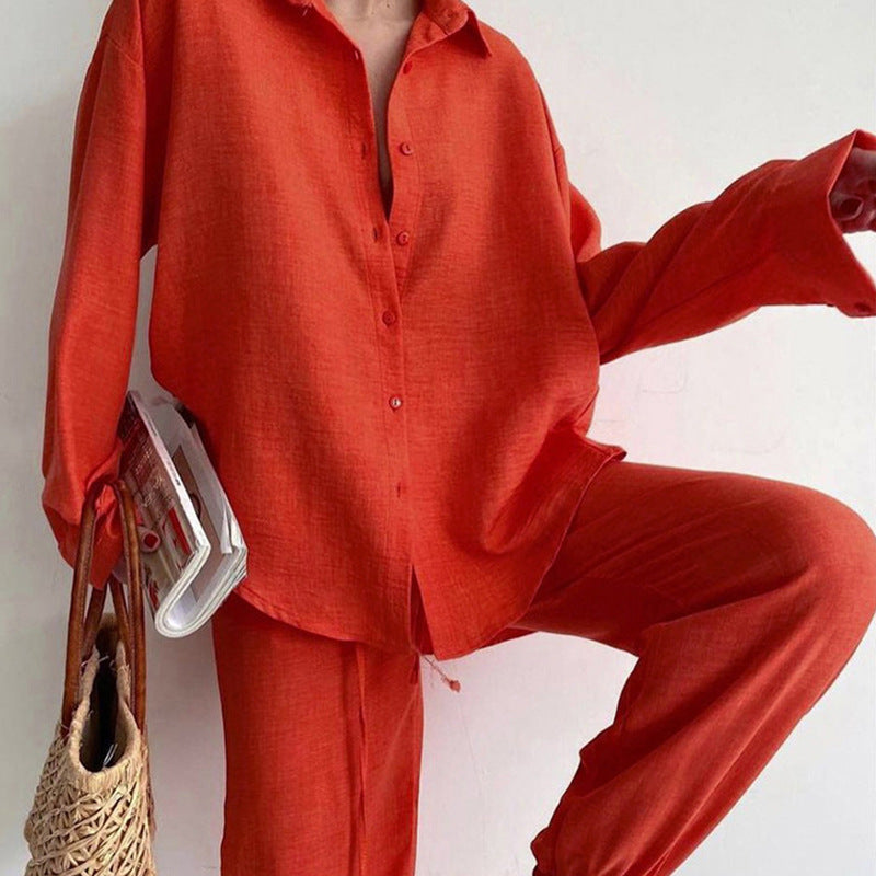 Bella Novelle set met blouse en wijde broek van linnenmix in oranje