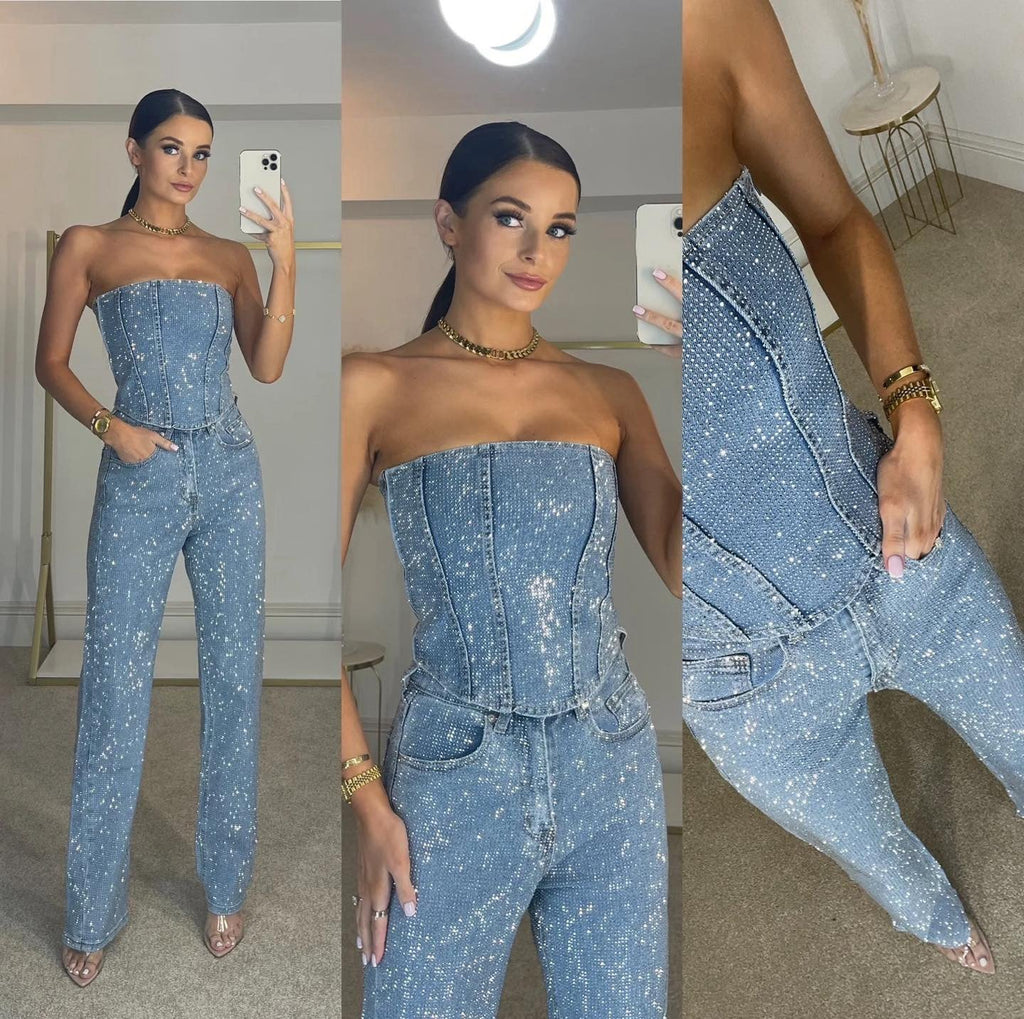 Bella Novelle glitter set met strapless crop top en jeans, productfoto