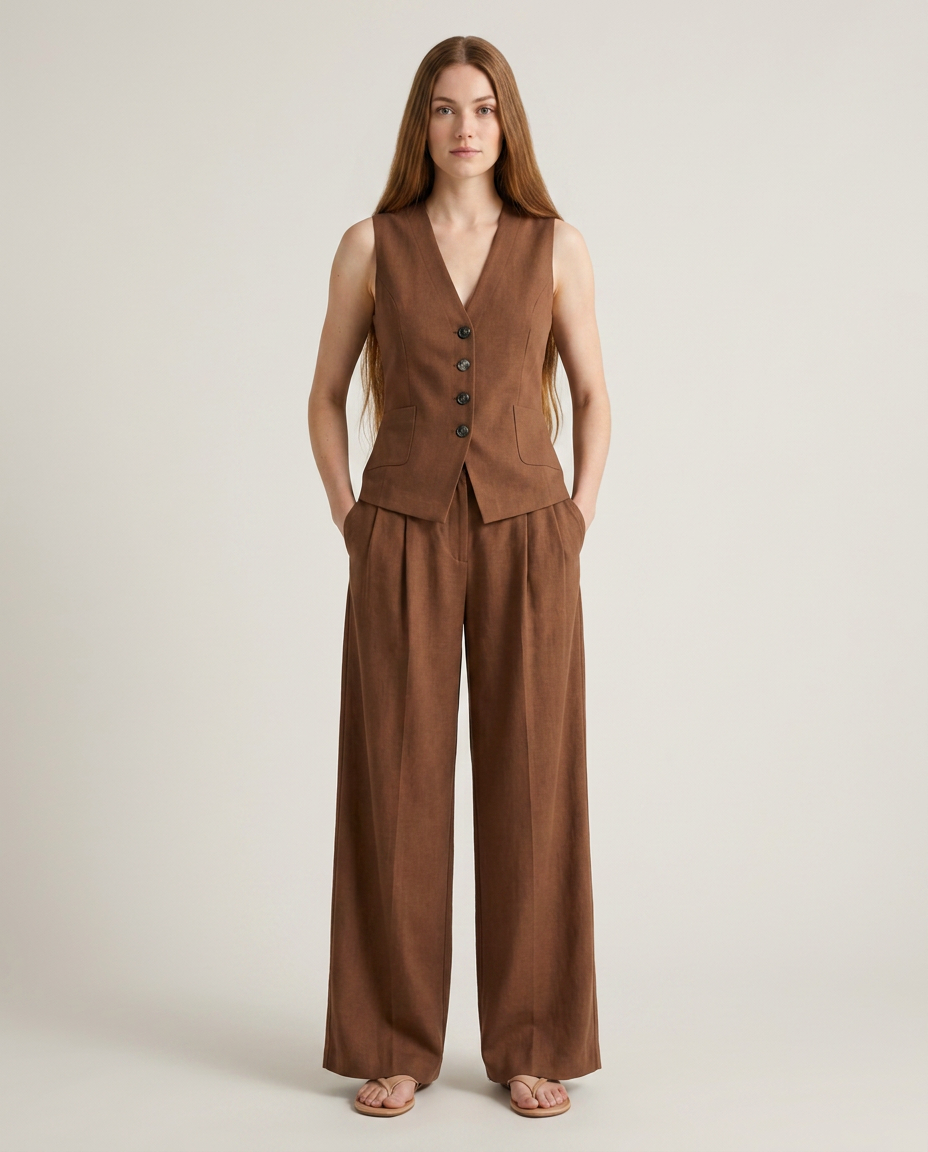 Bella Novelle gilet en broek set in bruin