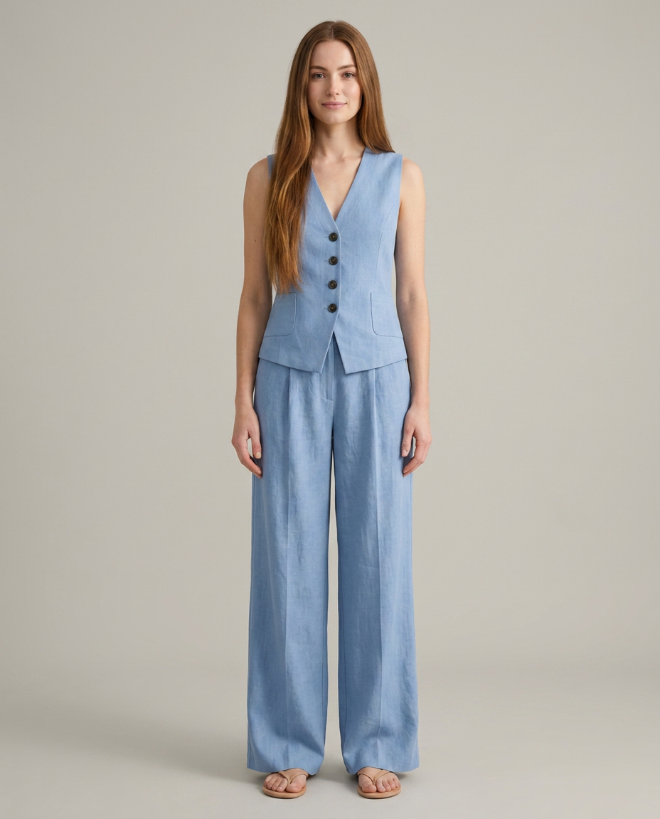 Bella Novelle gilet en broek set linnenmix, vooraanzicht