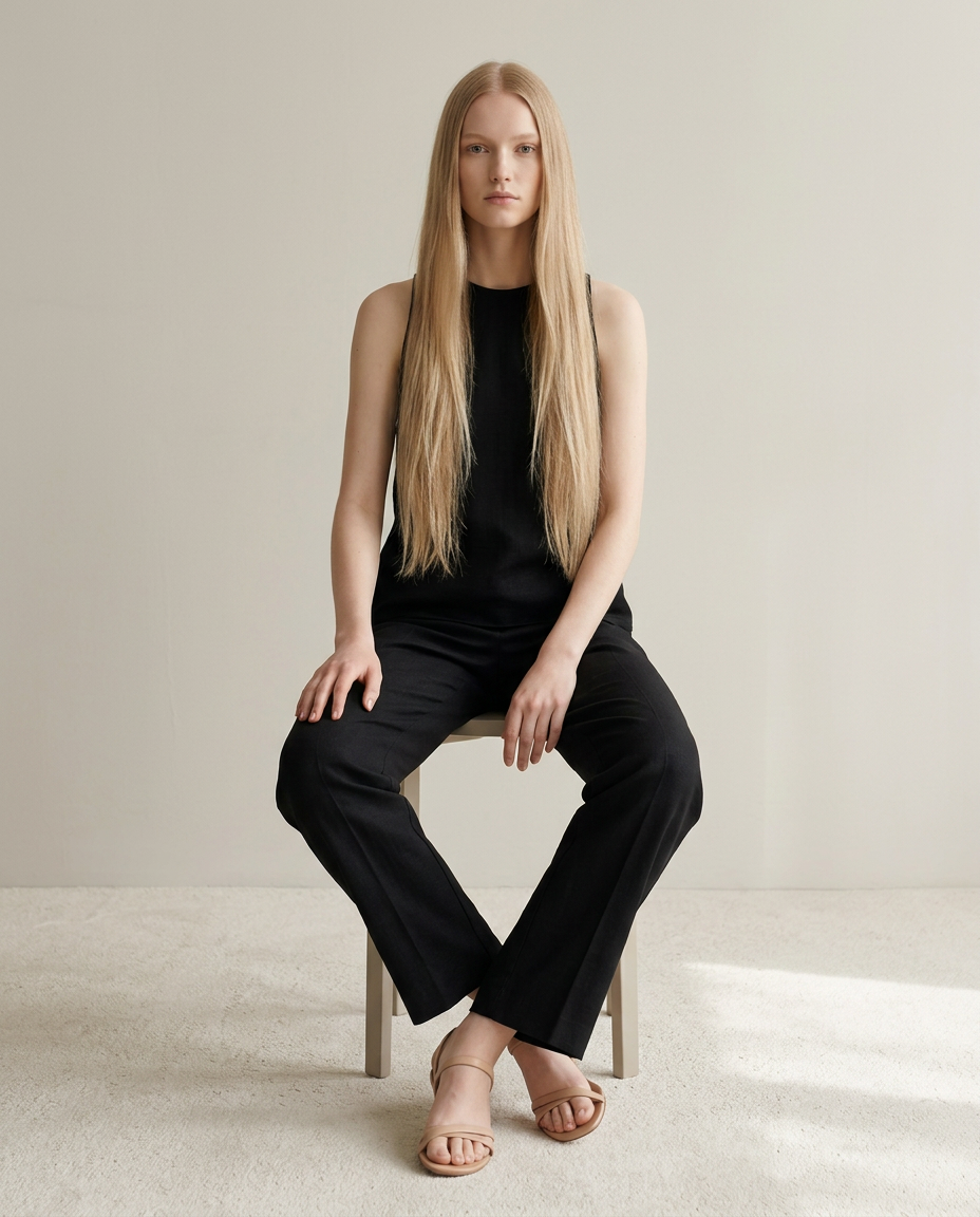 Set mouwloze top en broek in zwart - zittende pose