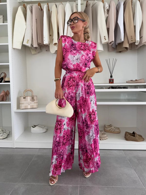 Bella Novelle set met mouwloze top en wijde plissé broek in fuchsia