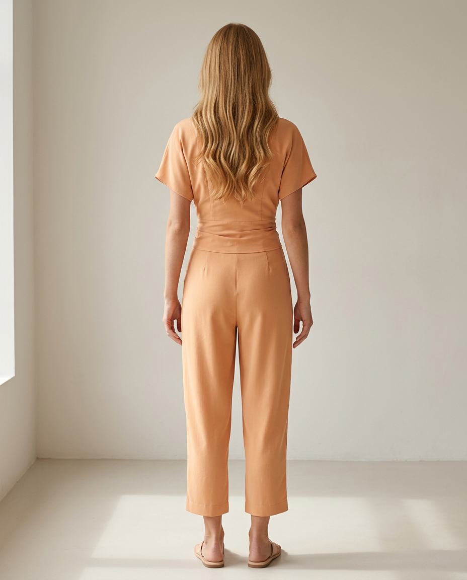 Wikkeltop en cropped broek in abrikoos - achteraanzicht