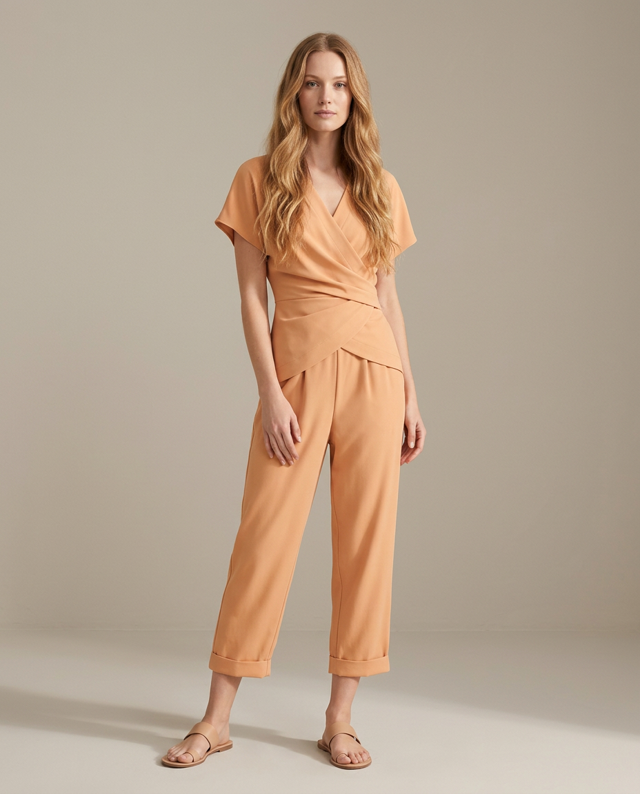 Wikkeltop en cropped broek in abrikoos - staande pose