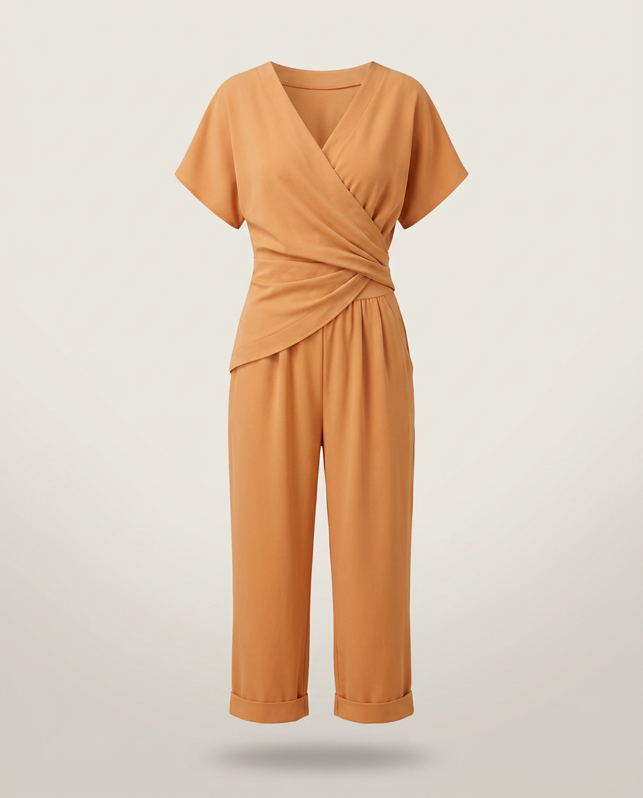 Set wikkeltop en cropped broek in abrikoos - productfoto