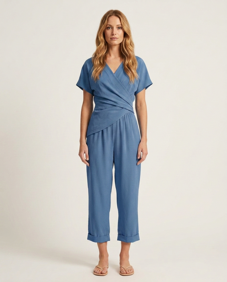 Set wikkeltop en cropped broek in blauw