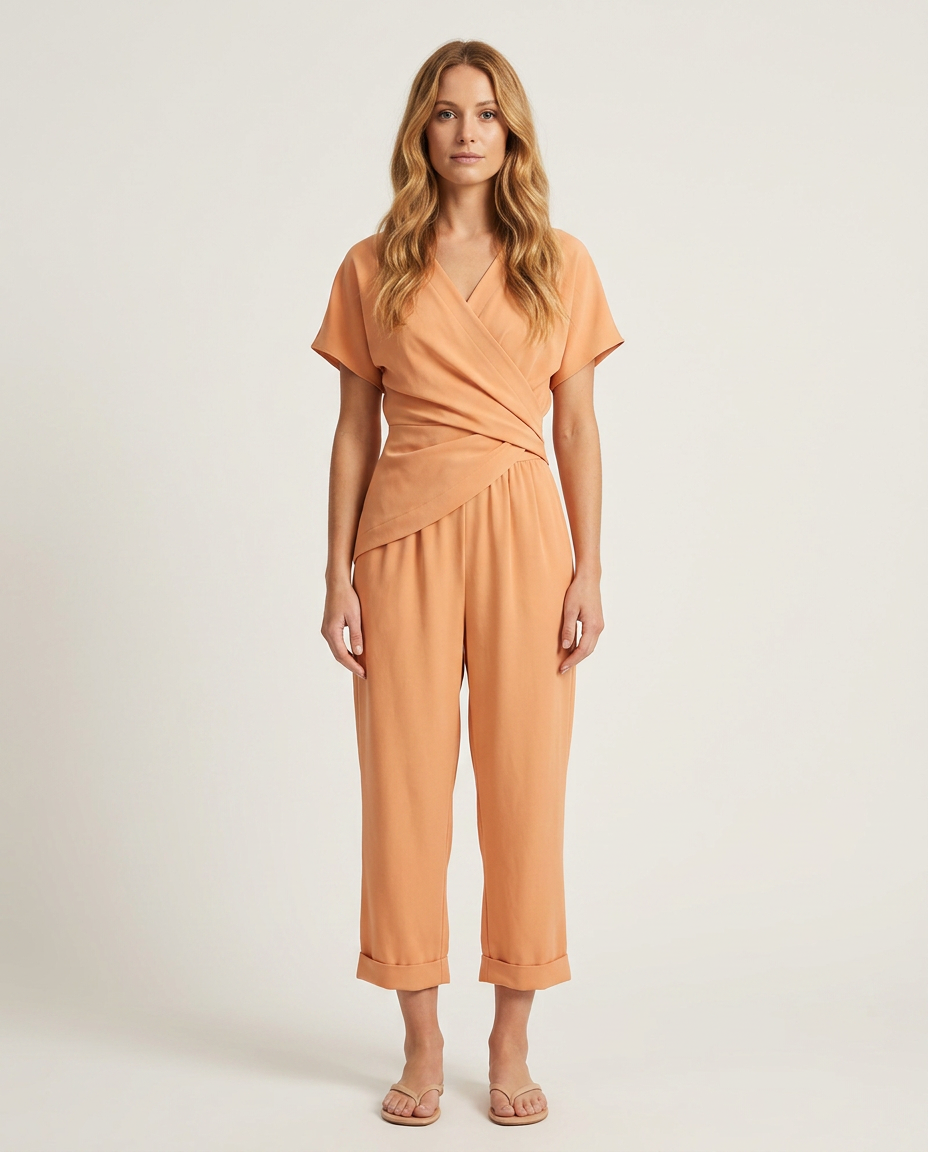 Set wikkeltop en cropped broek in abrikoos - vooraanzicht