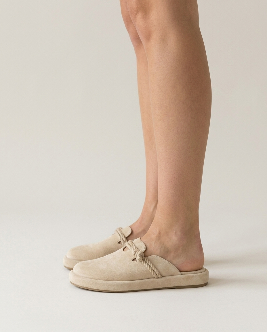 Bella Novelle slipper met touwdetail in beige, gedragen