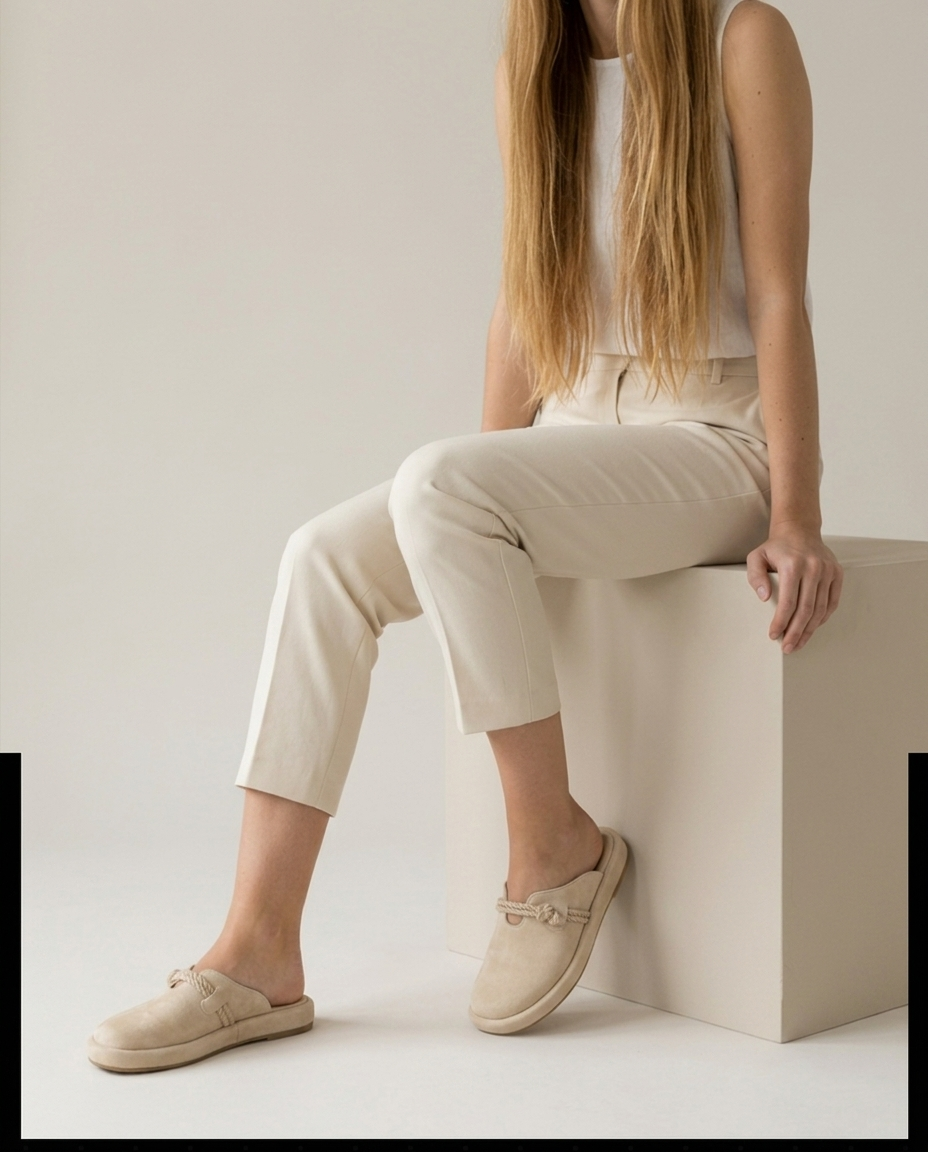 Bella Novelle slipper met touwdetail in beige, zittende pose