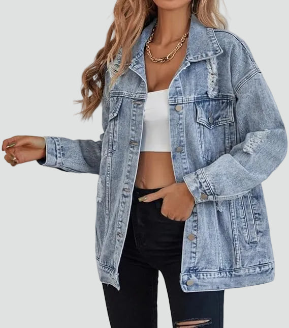 Bella Novelle oversized spijkerjack met slijtage in lichtblauw