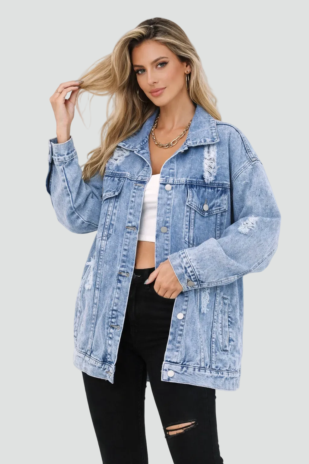 Bella Novelle oversized spijkerjack met slijtage, productfoto