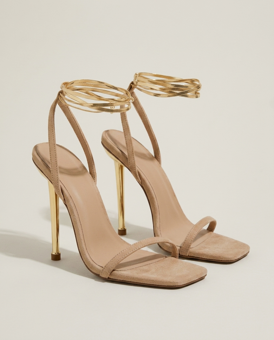 Beige stiletto hakken met open neus en bandjes