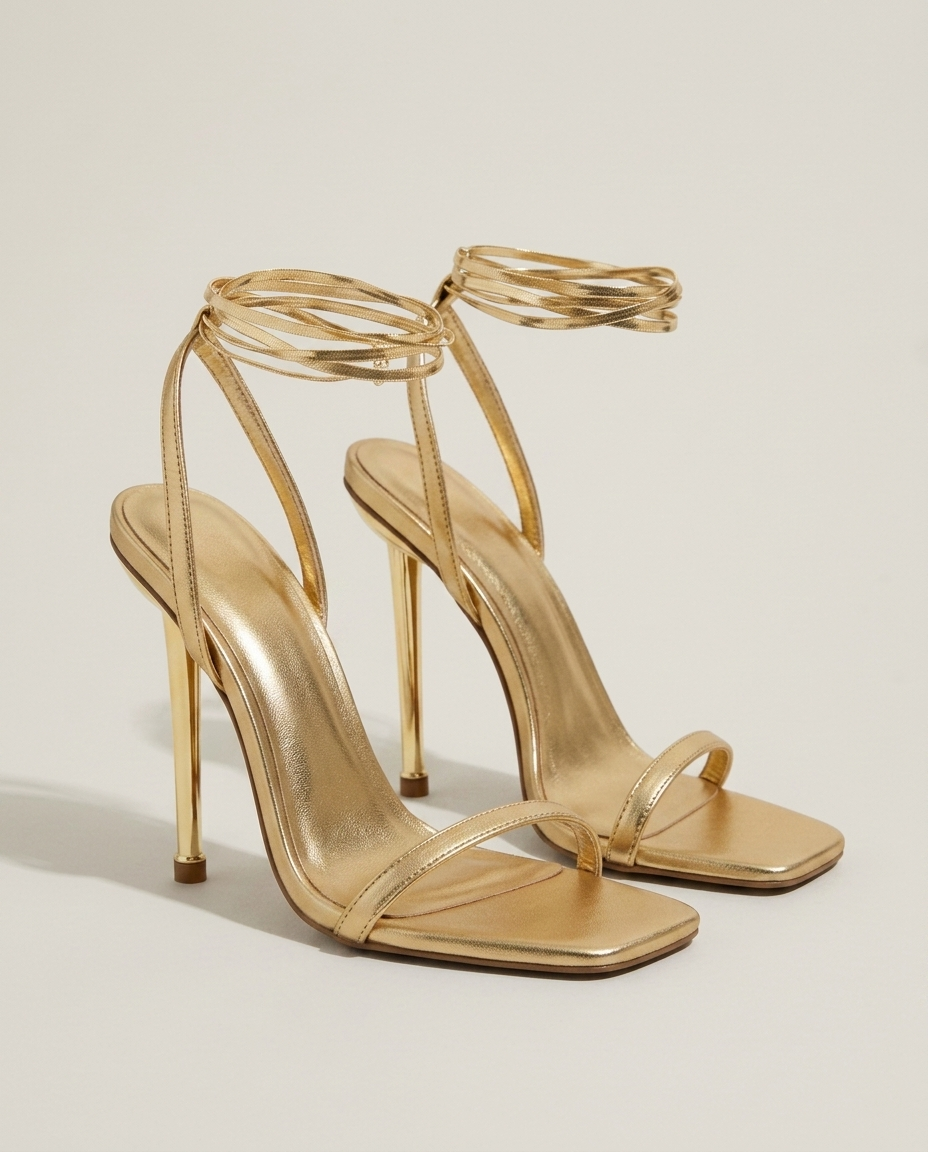 Gouden stiletto hakken met open neus en bandjes