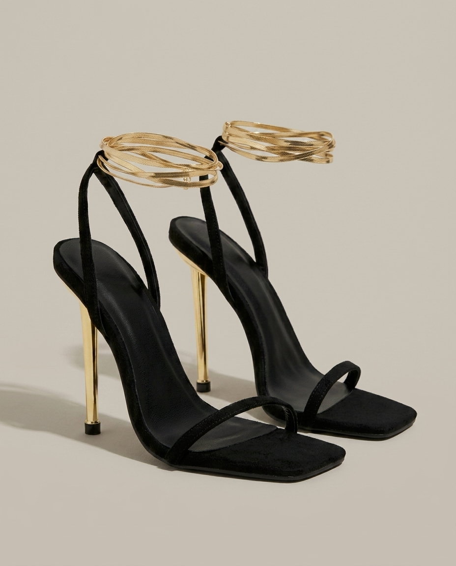 Zwarte stiletto hakken met gouden hak en bandjes - productfoto