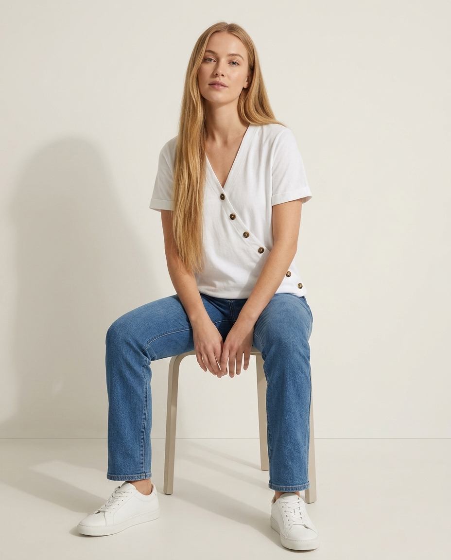 T-shirt overslag halslijn wit zittende pose