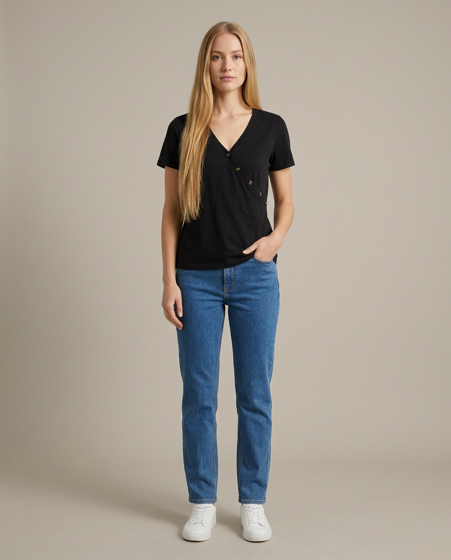 T-shirt overslag halslijn zwart