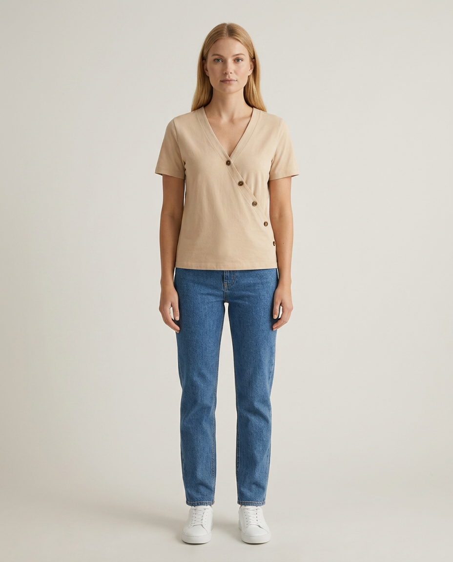 T-shirt overslag halslijn beige