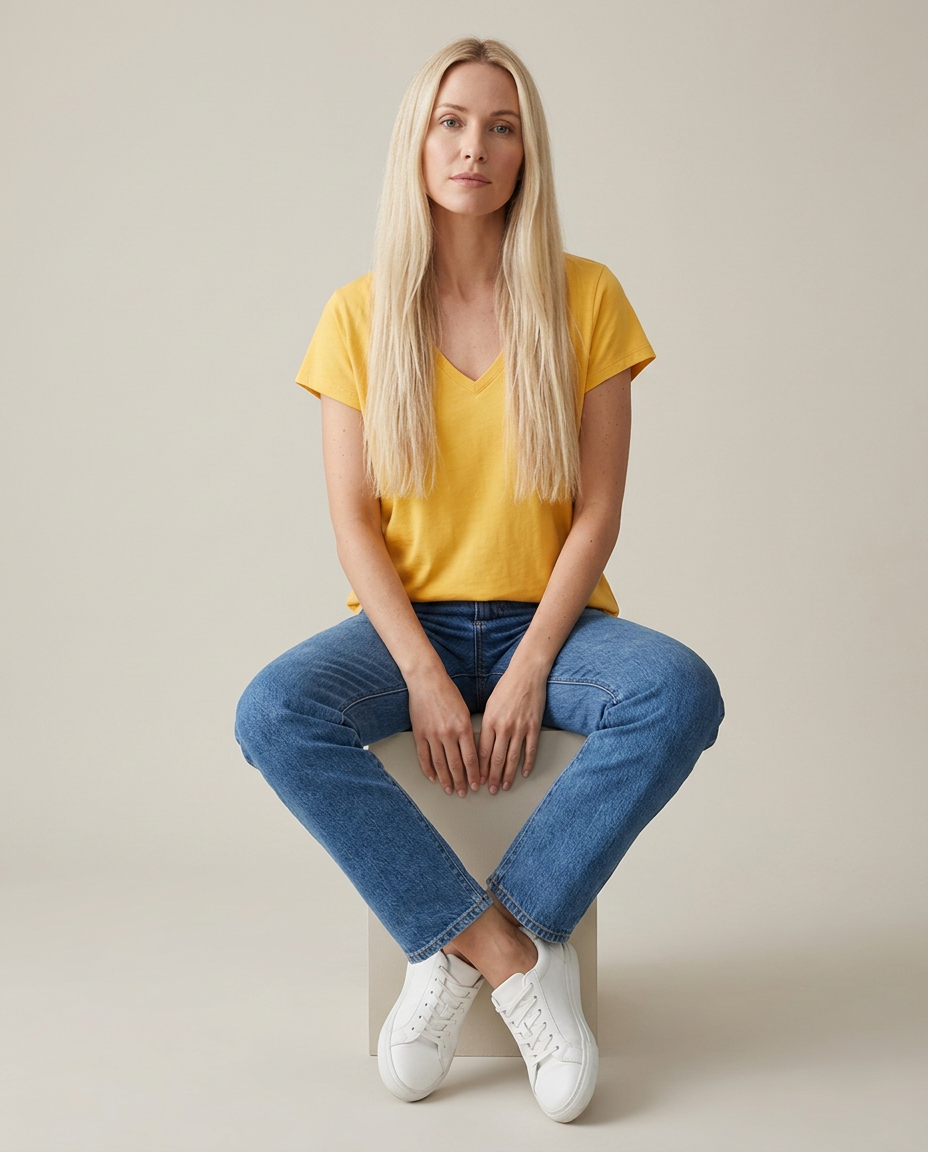 Bella Novelle T-shirt met V-hals in geel, zittende pose