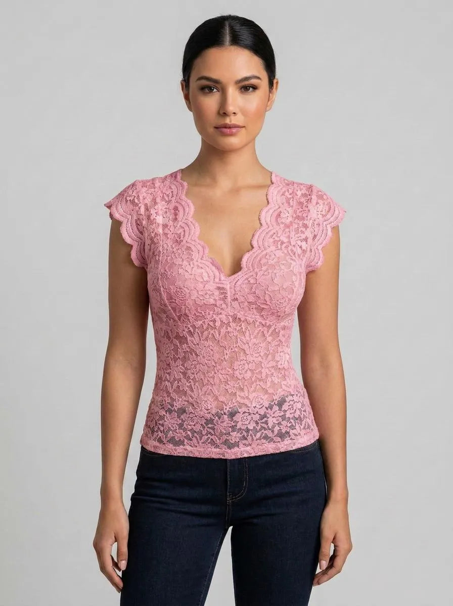 Bella Novelle Top Kant V-Hals in roze