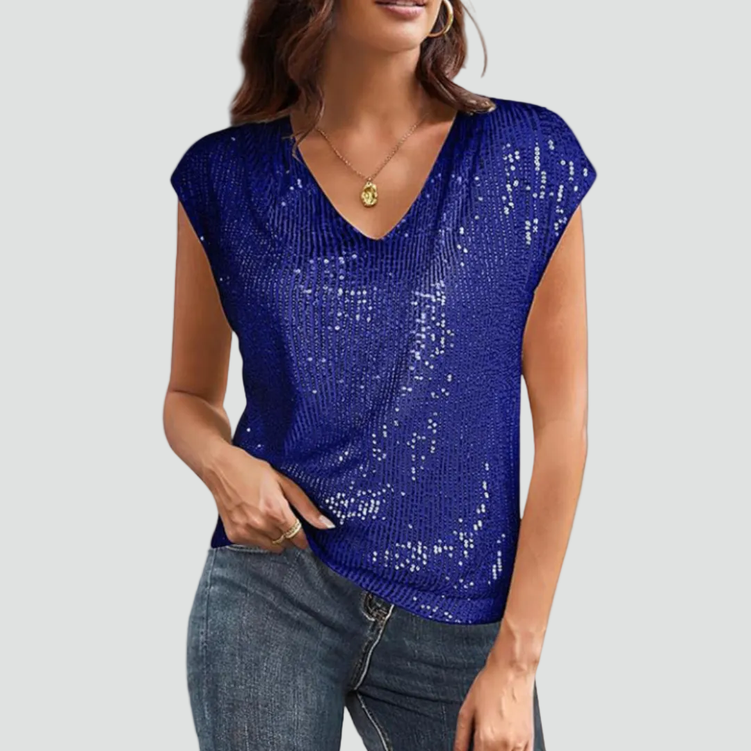 Bella Novelle damestop met pailletten en V-hals in blauw