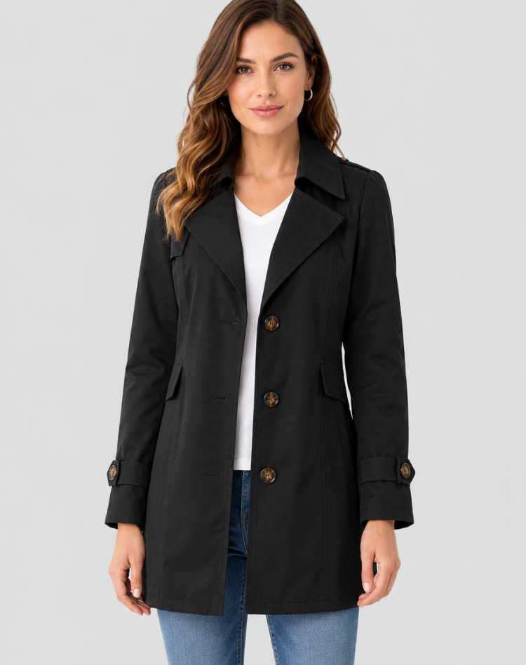 Bella Novelle korte getailleerde trenchcoat voor dames in zwart