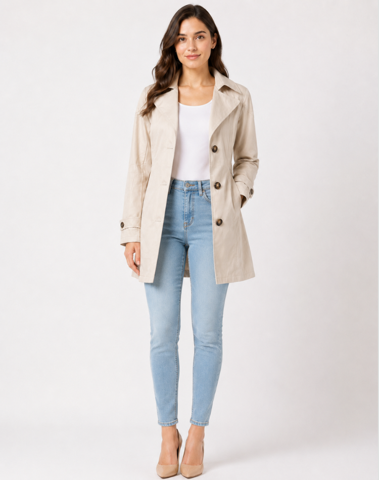 Bella Novelle korte getailleerde trenchcoat voor dames in beige