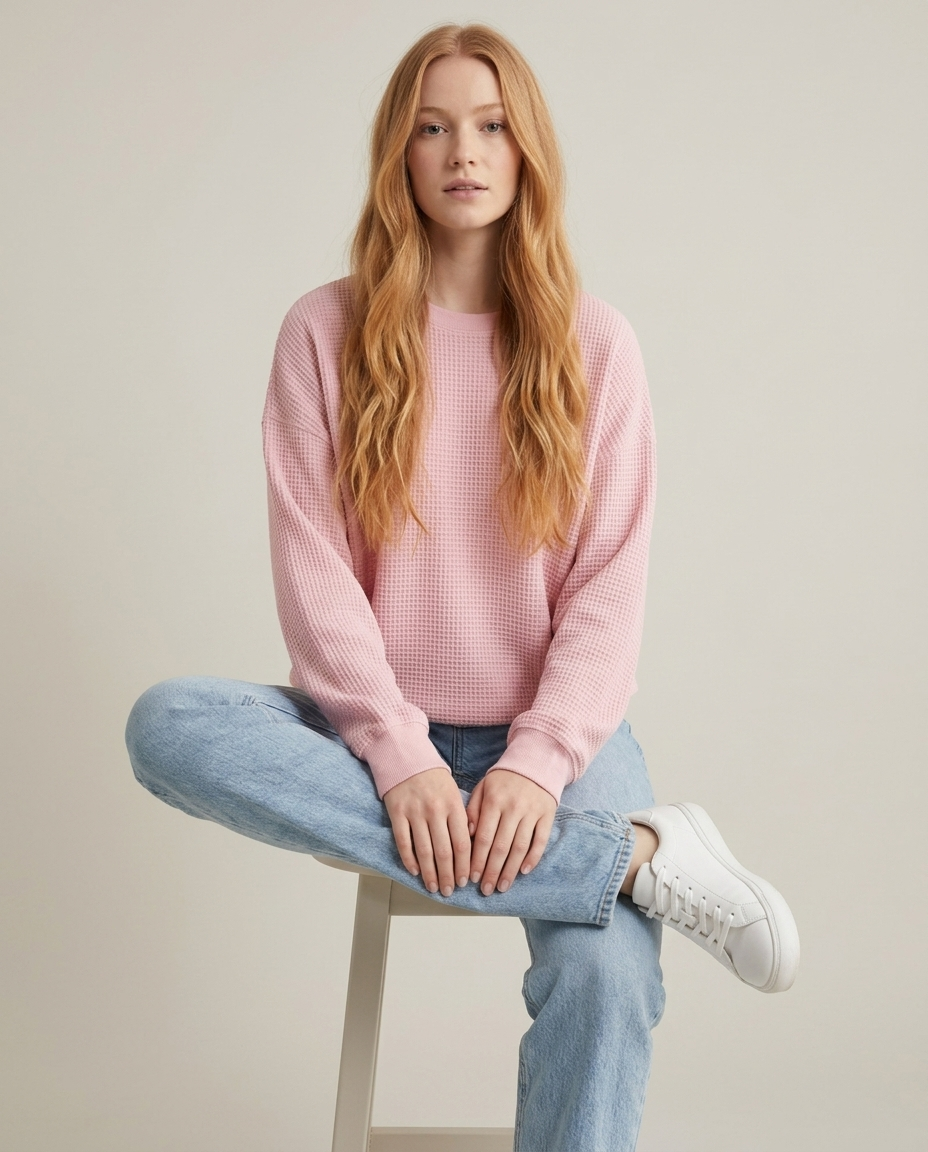 Bella Novelle trui van katoenmix in roze, zittende pose