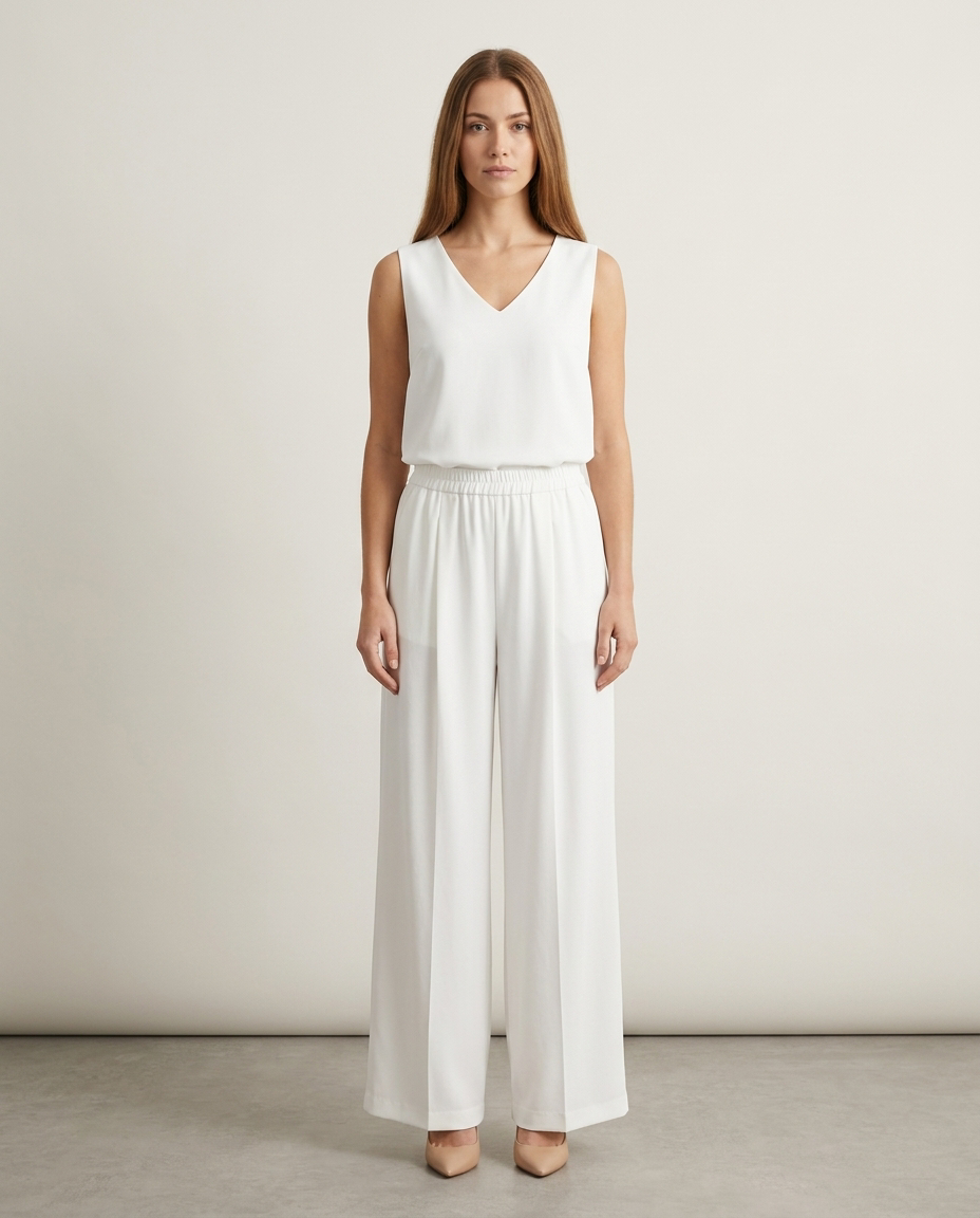 Tweedelige set mouwloze top en wijde broek in wit