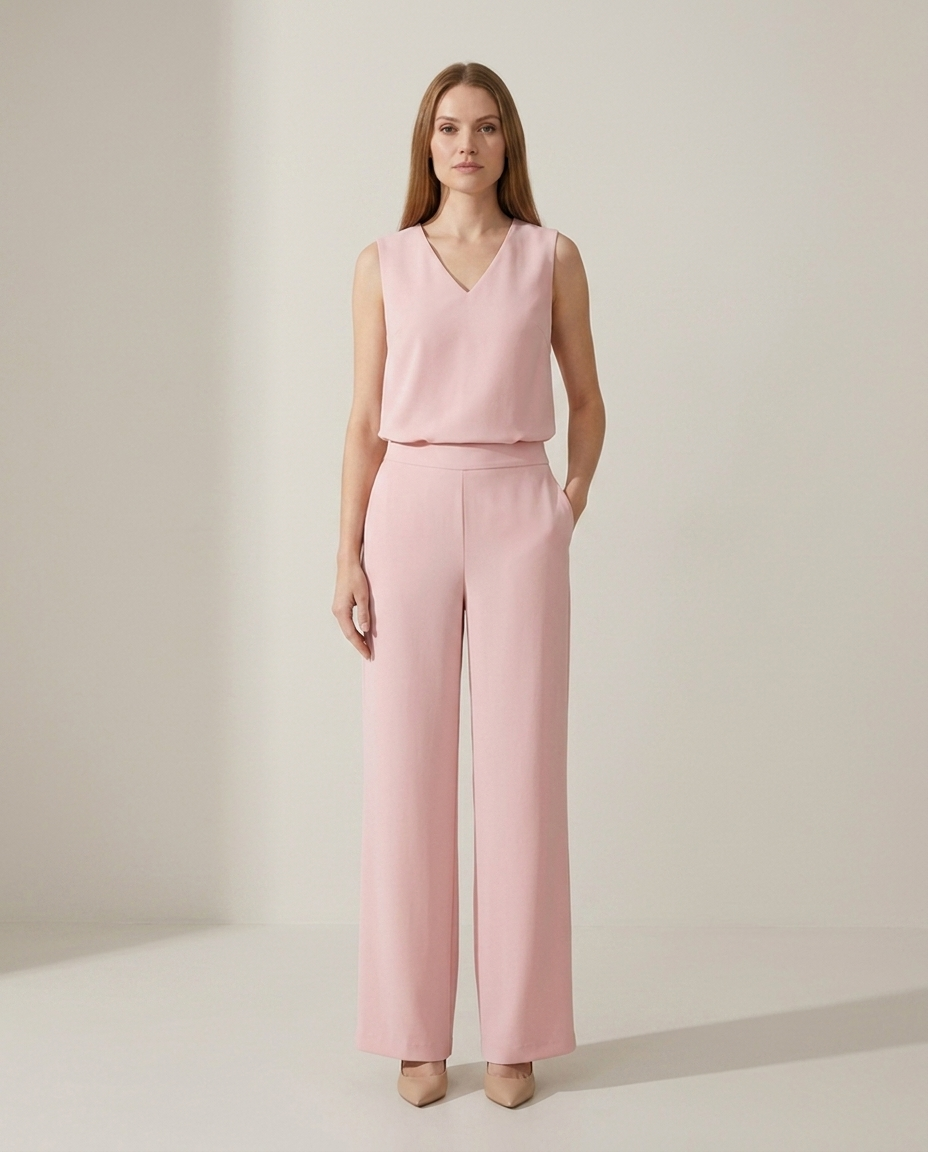 Tweedelige set mouwloze top en wijde broek in roze