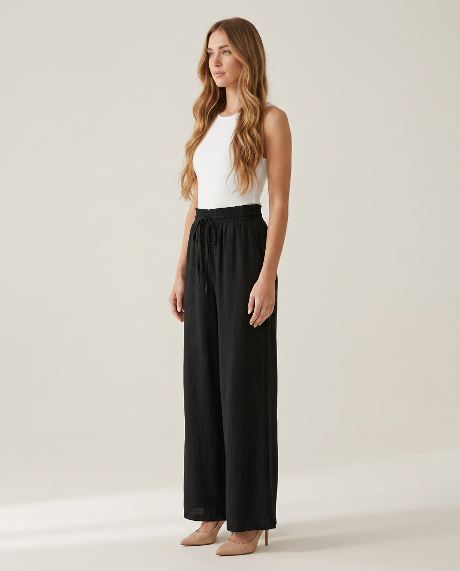 Wijde broek met hoge taille in zwart - zijaanzicht