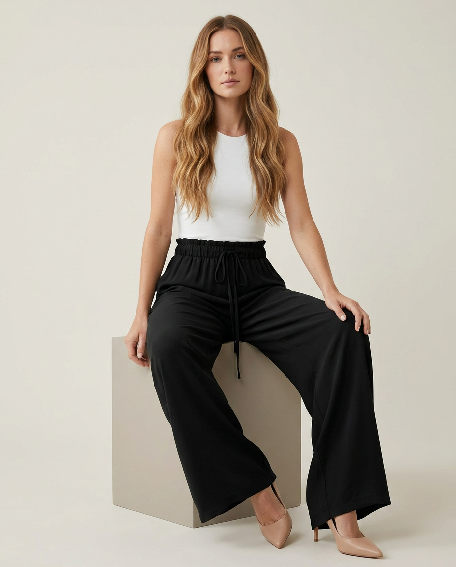 Wijde broek met hoge taille in zwart - zittende pose