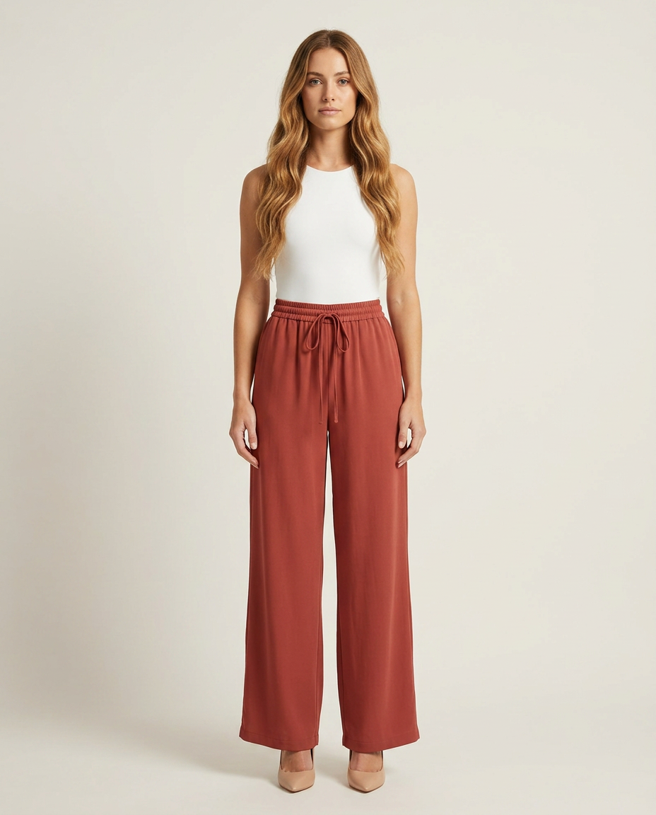 Wijde broek met hoge taille in baksteenrood